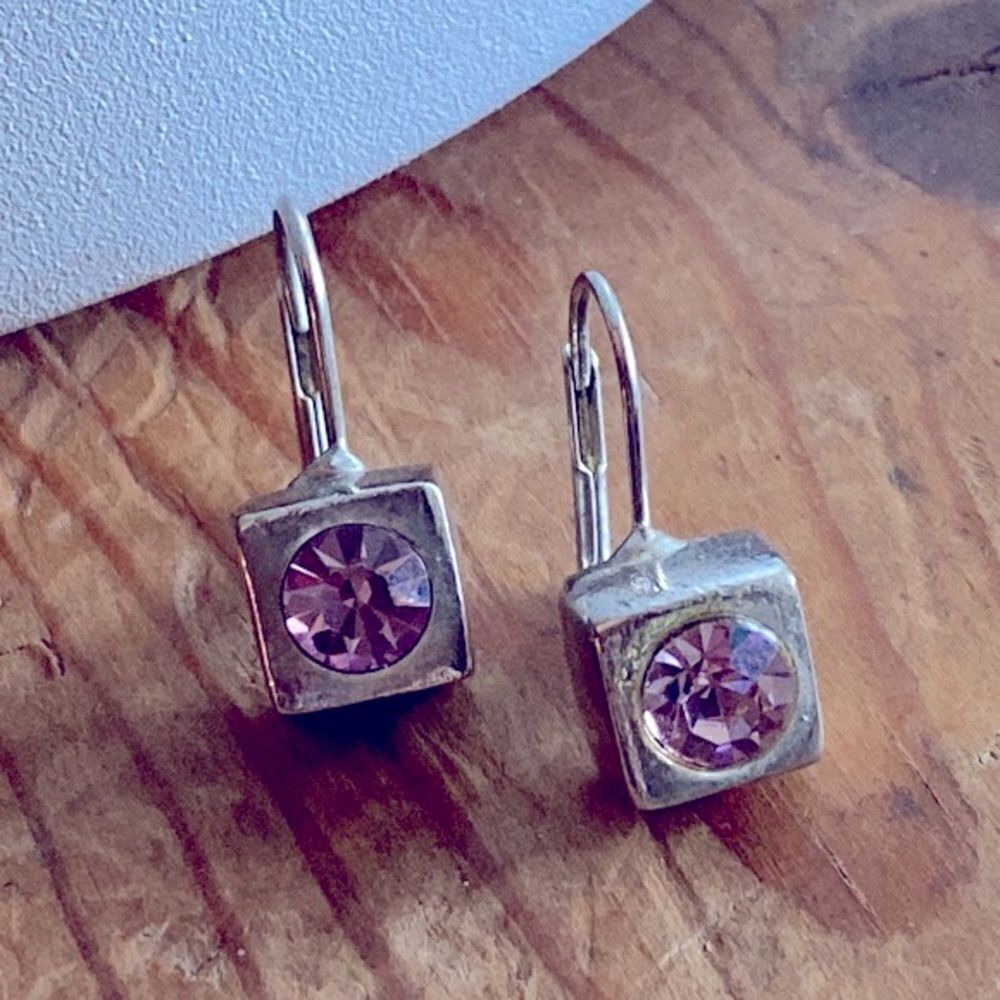 💛 Y2K Silver Plated Square Pink Rhinestone Hook Back Earrings